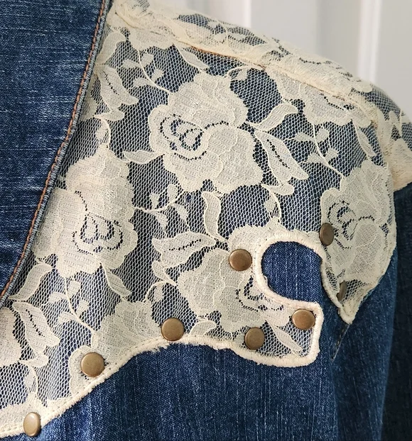 Denim Jacket with Lace Accents - Picture 2 of 7